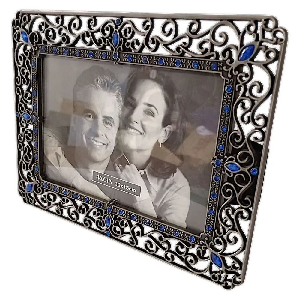 Picture Frame Ornate Metal Jewels Rhinestone Photo 4x6 Silver Tone Fairy Cottage
